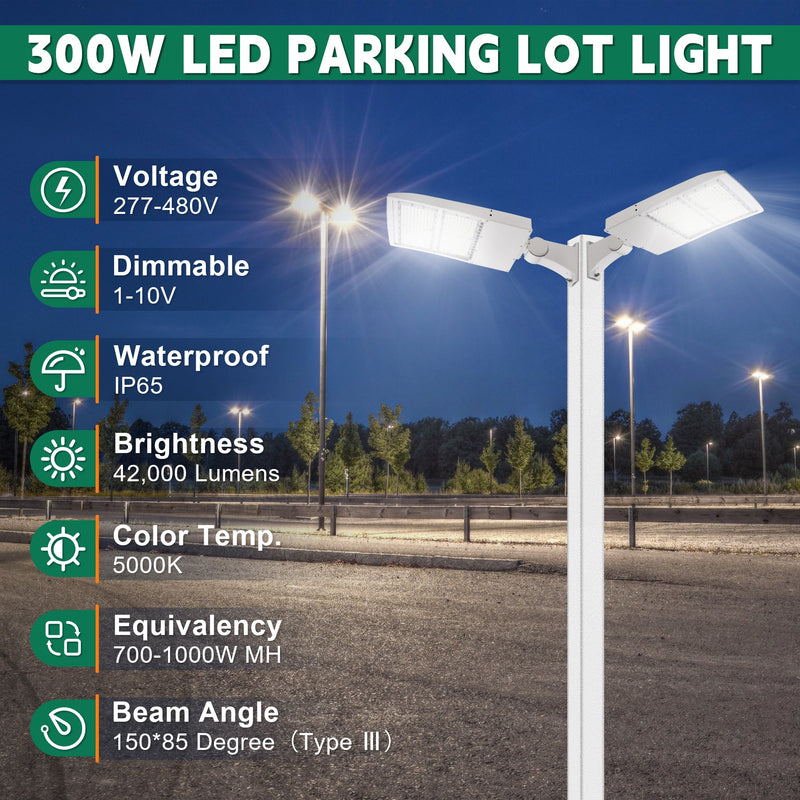 300W White LED Parking Lot Light-42,000 Lumens-AC 100~277V/277~480V 1000W Metal Halide Equivalent-5000K-DLC UL Listed