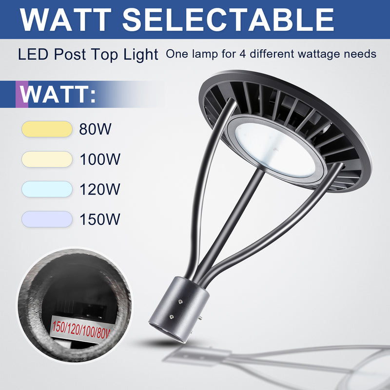Tanlite 80W/100W/120W/150W Wattage Selectable LED Post Top Light-CCT 3000K/4000K/5000K Selectable-Outdoor Waterproof-5 Years warranty-Compatible Photocell