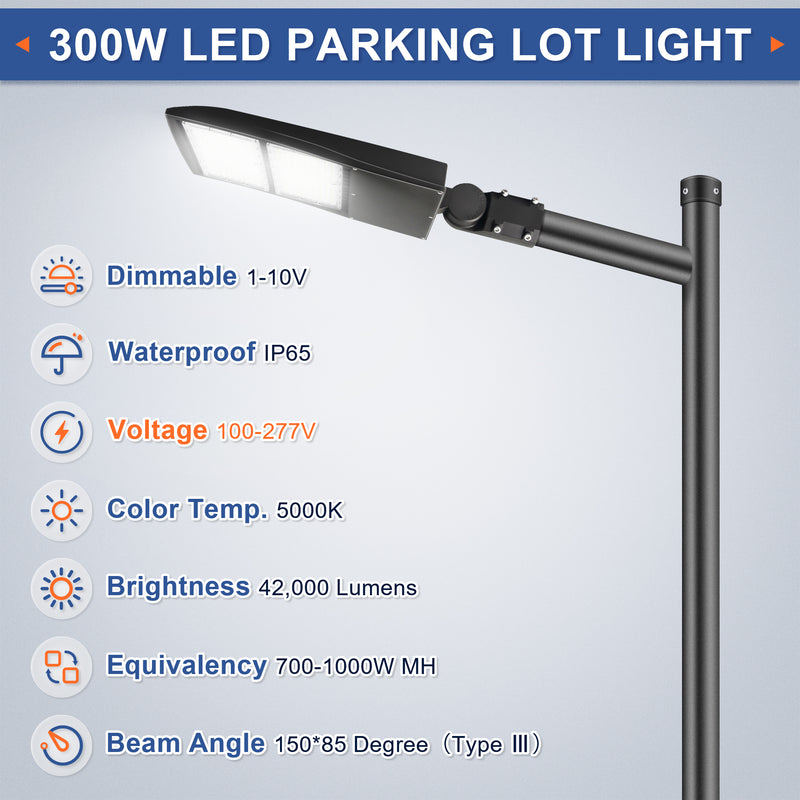 300W LED Parking Lot Light-Shoebox Area Light-AC100~277V-42,000 Lumens-CCT 5000K-1,000W Metal Halide Equivalent-UL+DLC 5.1