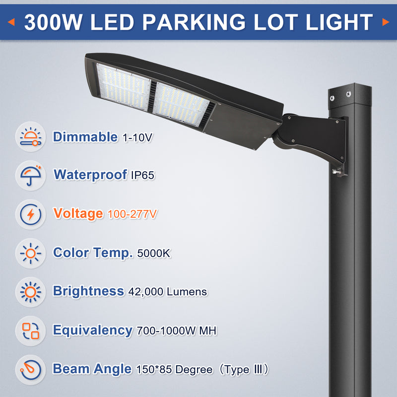 300W LED Parking Lot Light-Shoebox Area Light-AC100~277V-42,000 Lumens-CCT 5000K-1,000W Metal Halide Equivalent-UL+DLC 5.1