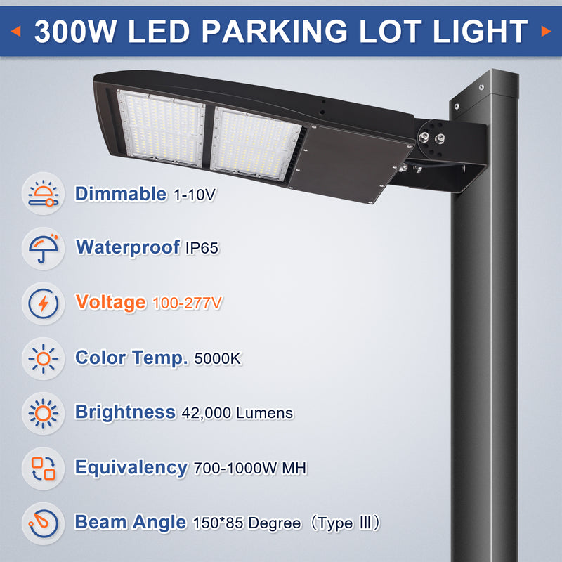 300W LED Parking Lot Light-Shoebox Area Light-AC100~277V-42,000 Lumens-CCT 5000K-1,000W Metal Halide Equivalent-UL+DLC 5.1