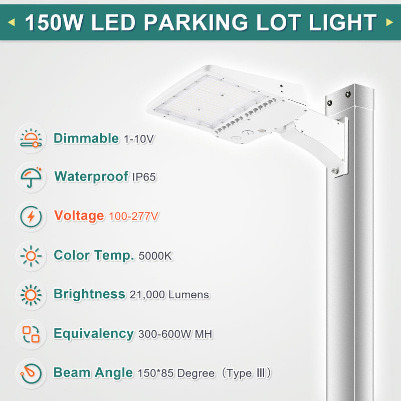 LED pole light illuminating parking lot at night, 5000K daylight