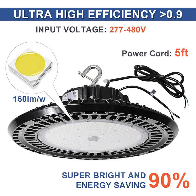 Close-up of TANLITE LED high bay light showing voltage range (277V-480V), 200W power, and 5-year warranty label