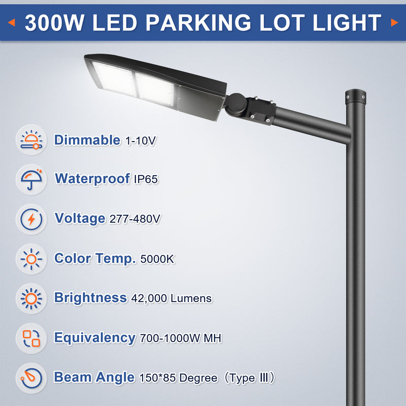 300W LED Parking Lot Light-High Voltage Area Light-AC 277~480V-42,000 Lumens-CCT 5000K-1000W MH Equivalent-UL+DLC 5.1