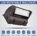 Close-up of LED rotatable wall pack light showing 40W power, 5400 lumens brightness, and IP65 waterproof certification label