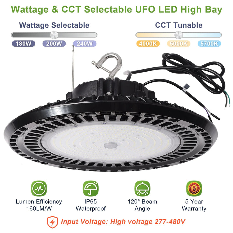UFO LED high bay light with wattage and CCT selectable features on a white background.
