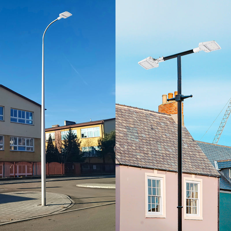 Outdoor LED shoebox light mounted on pole in parking lot