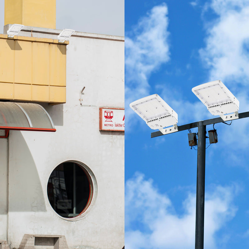 White LED shoebox fixture installed on outdoor steel pole