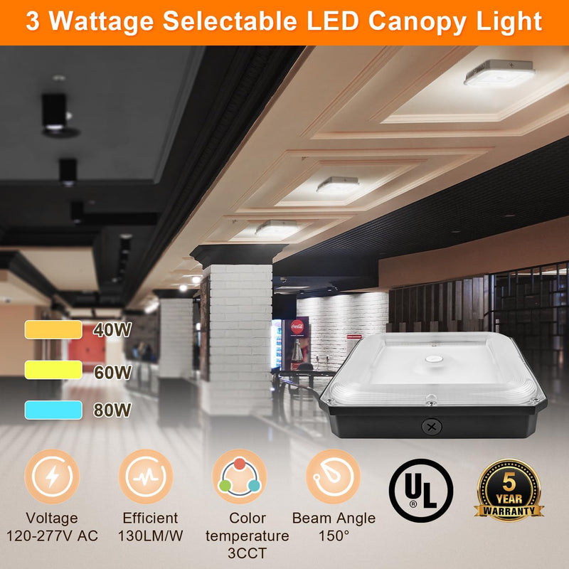 40/60/80W Selectable Canopy Light-3500K/4000K/5000K CCT Selectable Canopy Light-Twist In Sensor-Parking Garage Lighting-UL+DLC Listed