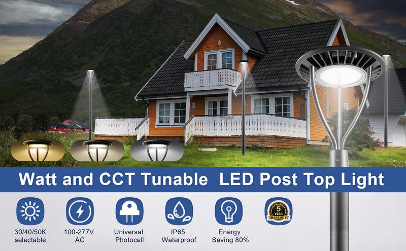 LED Post Top Light-20W/30W/40W/60W Selectable-CCT 3000K/4000K/5000K Selectable-Outdoor Waterproof-Compatible Photocell-5 Years Warranty