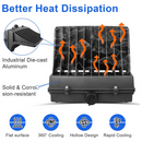 Side-by-side comparison of TANLITE LED vs traditional HPS bulbs, showing 70% energy savings and 5-year warranty label
