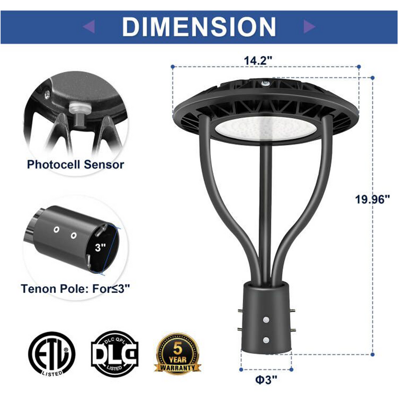 Tanlite 80W/100W/120W/150W Wattage Selectable LED Post Top Light-CCT 3000K/4000K/5000K Selectable-Outdoor Waterproof-5 Years warranty-Compatible Photocell 