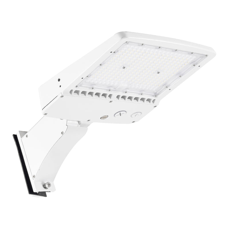 LED pole light illuminating parking lot at night, 5000K daylight
