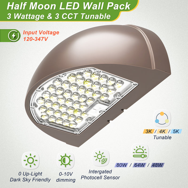 80W/64W/48W Wattage Selectable-LED Half Moon Wall Pack Light- CCT 3000K/4000K/5000K-AC 120~347V- 0~10V dimmable