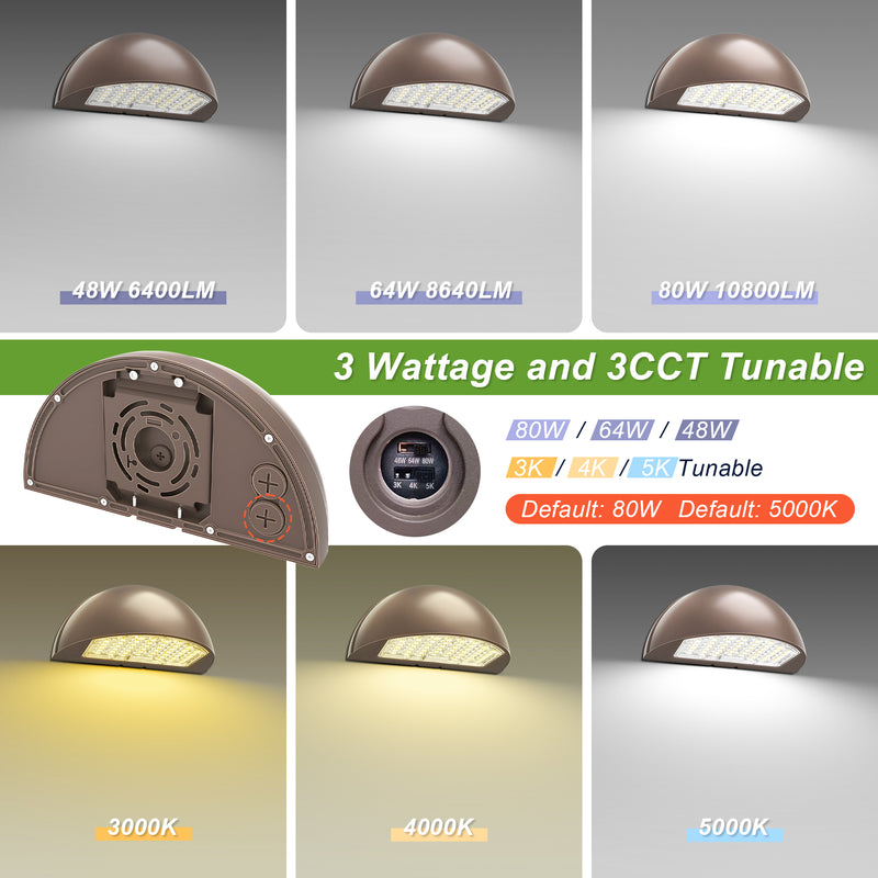 80W/64W/48W Wattage Selectable-LED Half Moon Wall Pack Light- CCT 3000K/4000K/5000K-AC 120~347V- 0~10V dimmable