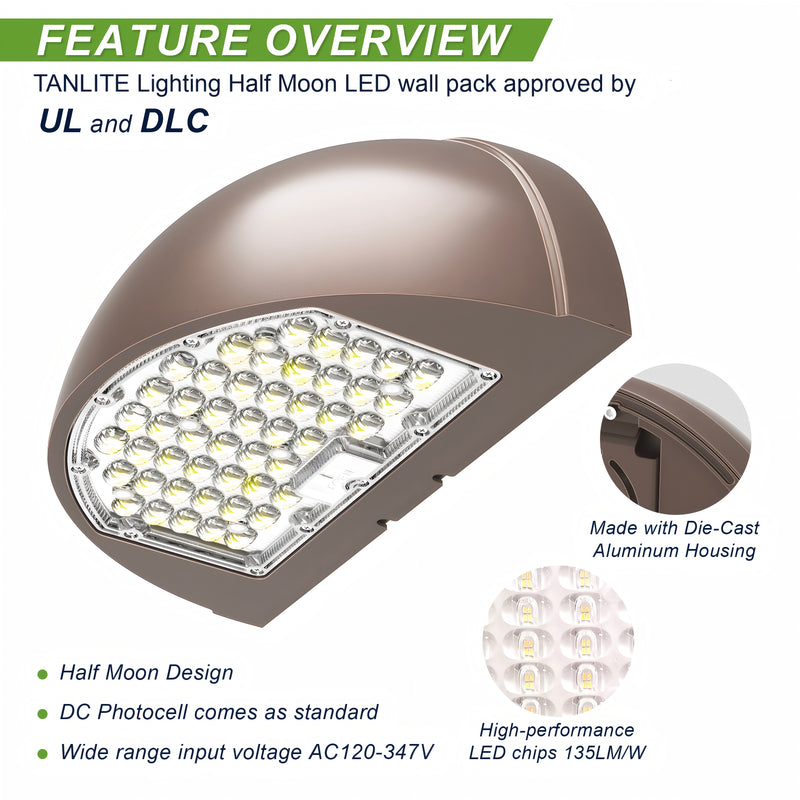 80W/64W/48W Wattage Selectable-LED Half Moon Wall Pack Light- CCT 3000K/4000K/5000K-AC 120~347V- 0~10V dimmable