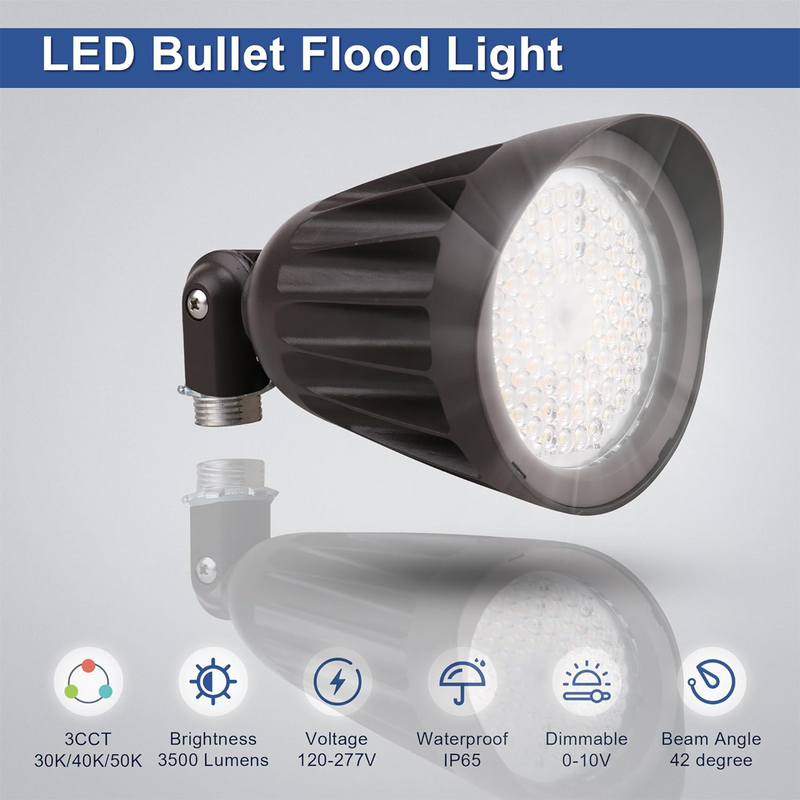TANLITE 25W LED Bullet Flood Light-Outdoor Landscape Lighting-CCT 3000K/4000K/5000K Selectable-Knukle Mount-DLC 5.1 Listed