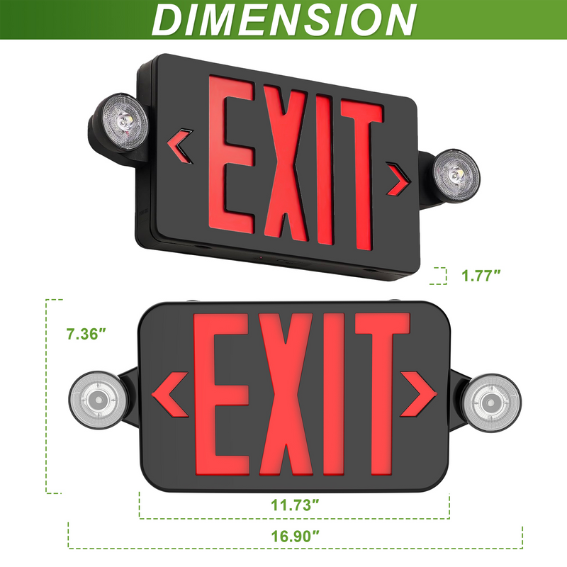Black Combo Red Letter LED Emergency Exit Sign-Battery Backup-Adjustable Light Heads-Single or Double Face