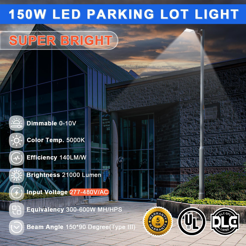 150W 480V LED Parking Lot Shoebox Light-21,000 Lumens-CCT 5000K-400W Metal Halide Equivalent-With Bracket Mount-5 Years Warranty