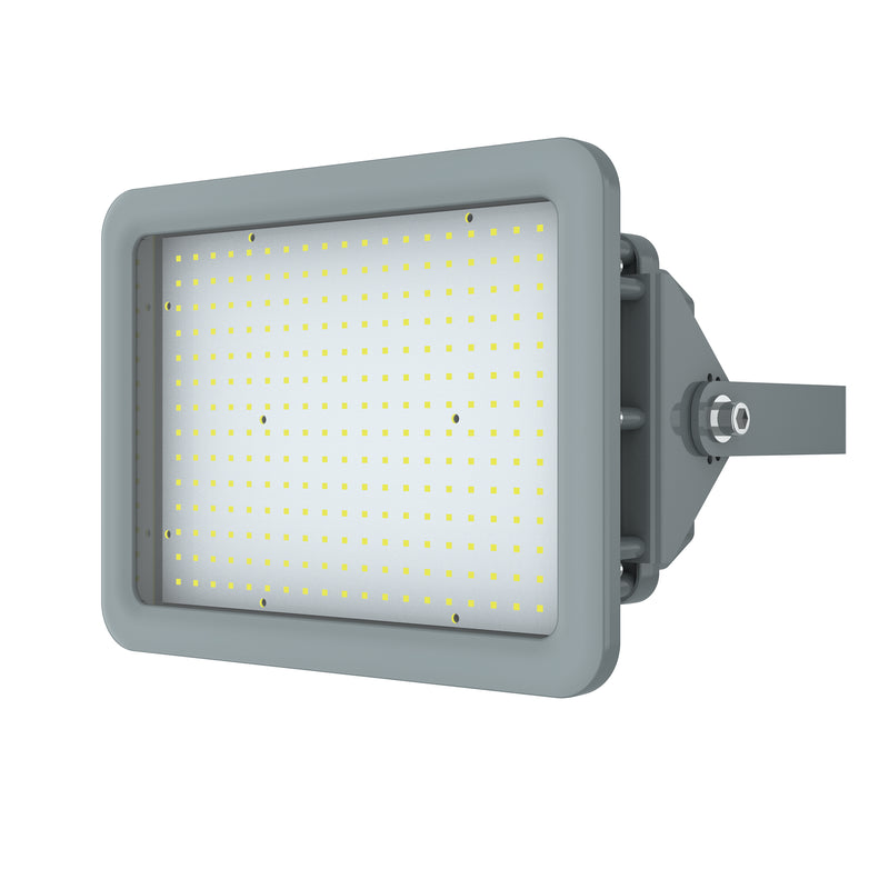 Angled view of TANLITE 250W LED Explosion Proof Flood Light with durable square aluminum housing.