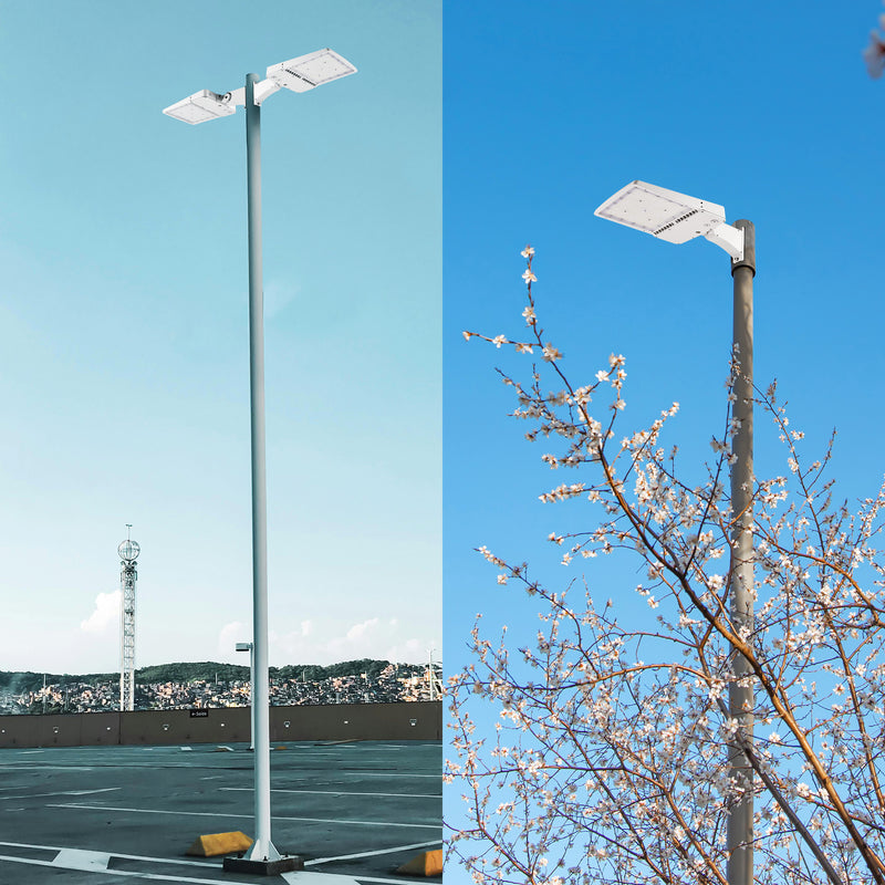 TANLITE LED street and area light mounted via direct arm bracket on square pole
