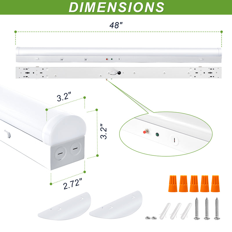 TANLITE 4FT Linkable LED Linear Strip Light package showing included accessories – mounting hardware, connectors, and installation guide