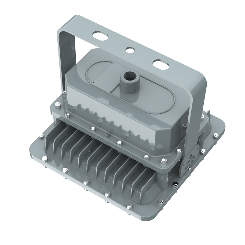 Ceiling-mounted TANLITE 60W explosion proof LED square light in industrial hazardous area.