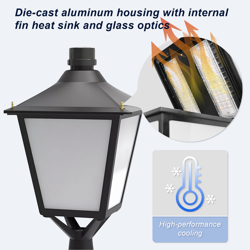 Close-up of TANLITE decorative post top light showing durable aluminum housing