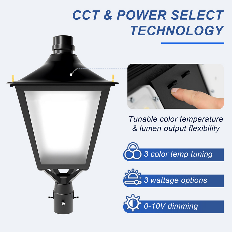TANLITE adjustable LED post top light providing bright pathway lighting at night