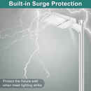 Detailed view of TANLITE direct arm mounting bracket for LED parking lot light.