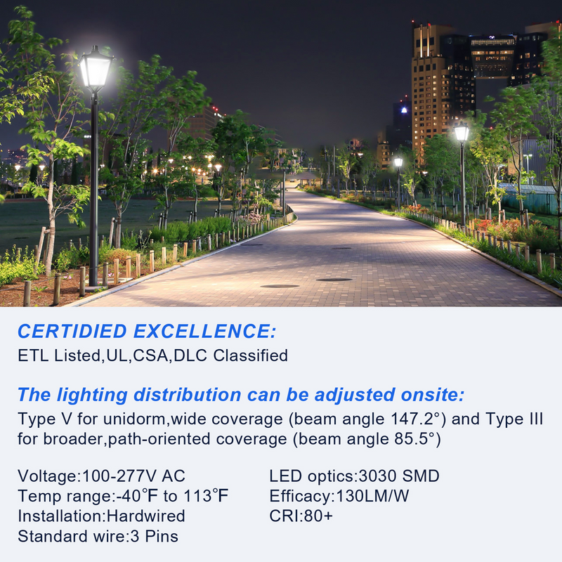 Decorative post top LED light installed in a park pathway for outdoor illumination