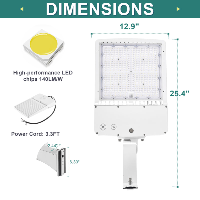 White finish TANLITE 300W LED parking lot light with direct arm mount for commercial lots.