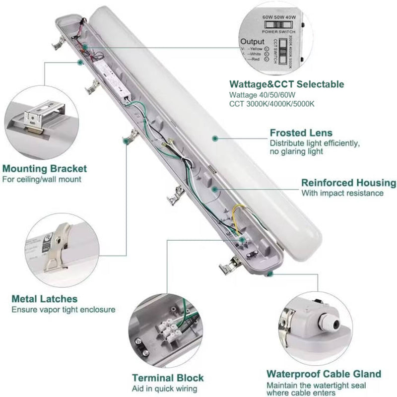 4FT LED Vapor Tight Light,Wattage 30W/40W 60W CCT 3000K/4000K/5000K LED Vapor Proof 4ft Light Fixture for Cold Storage Facilities, Car Washes, Parking Garages, UL Listed (6 Pack)