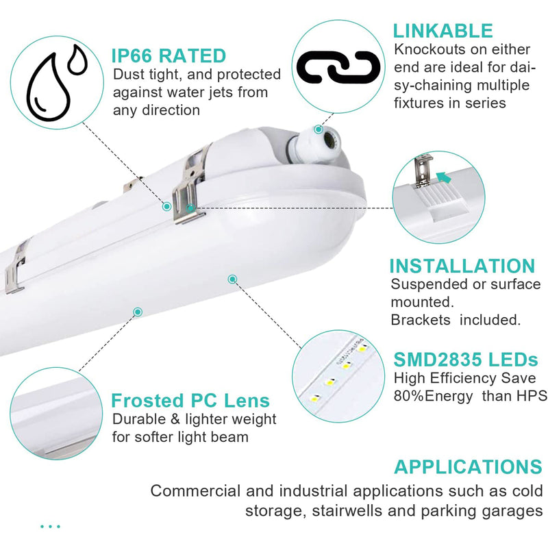 4FT LED Vapor Tight Light,Wattage 30W/40W 60W CCT 3000K/4000K/5000K LED Vapor Proof 4ft Light Fixture for Cold Storage Facilities, Car Washes, Parking Garages, UL Listed (6 Pack)